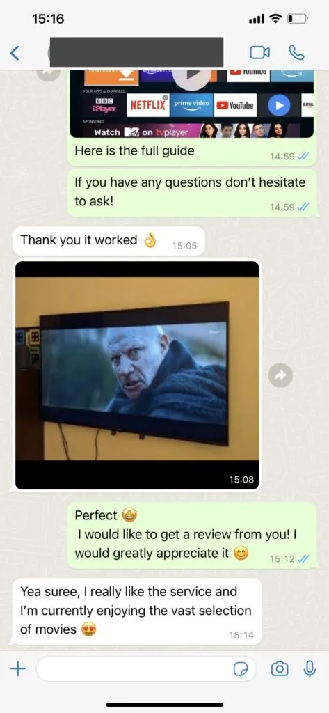 WhatsApp customer support chat showing instant Clear View IPTV playlist delivery